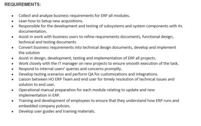 Junior ERP officer required, fresh graduates can apply also.